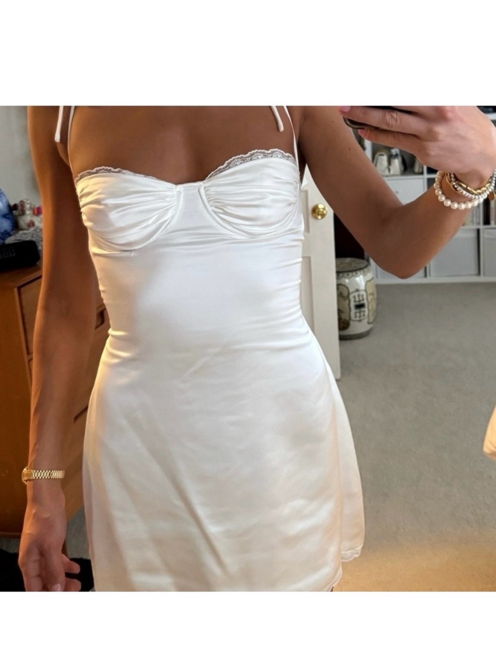 Princess Polly Ivory Satin Slip Dress with Lace Trim